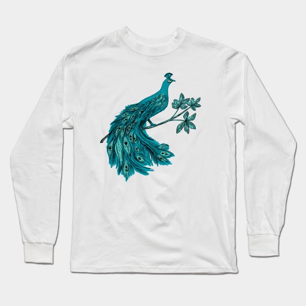 Turquoise Peacock Long Sleeve T-Shirt by SWON Design